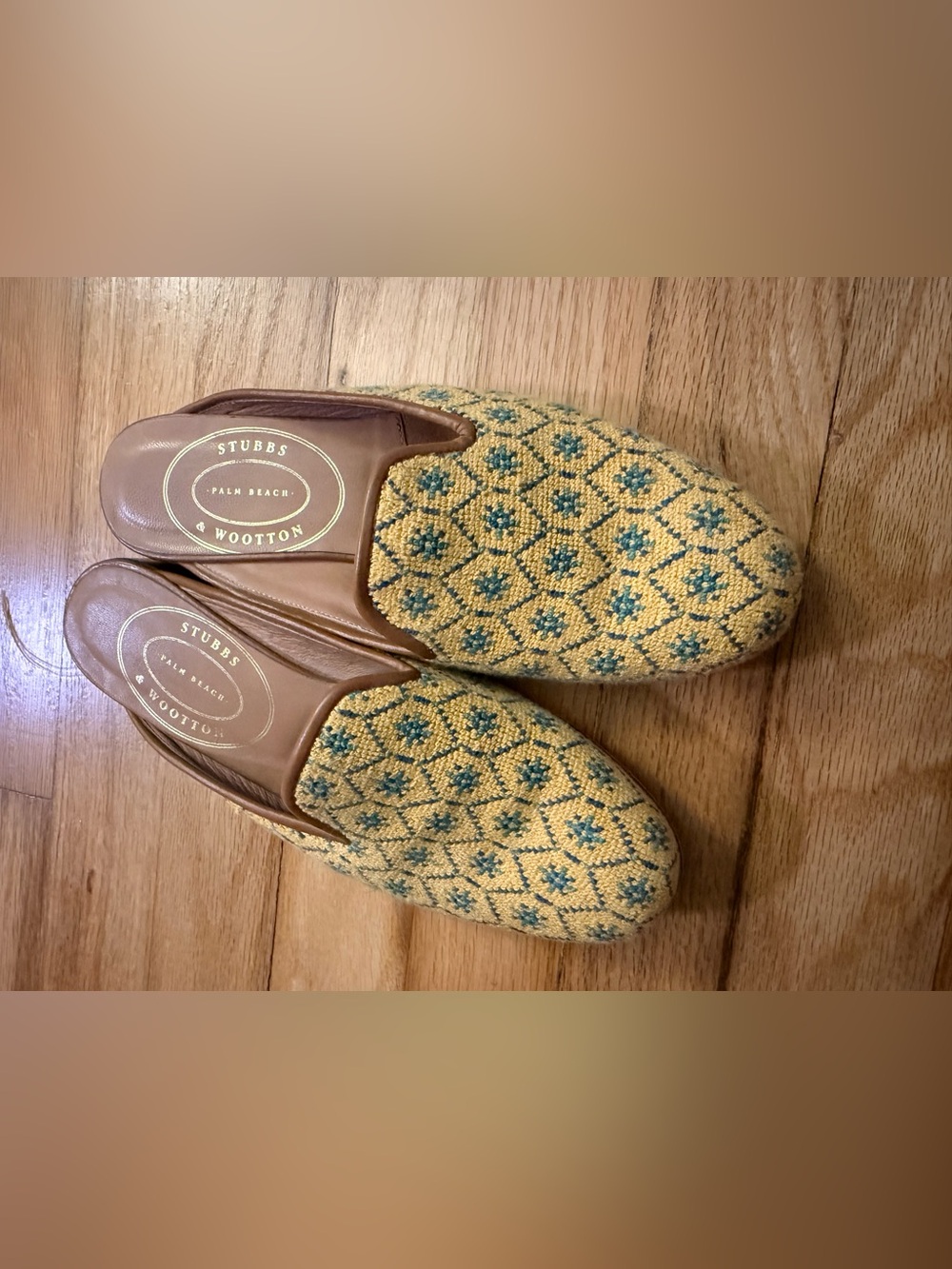 Stubbs & Wootton Yellow and Teal Embroidered Womens Slip-On Loafers